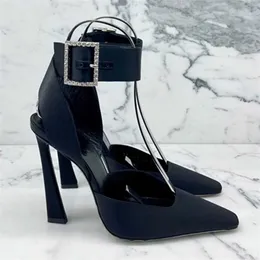 Square bombeia alto para mulheres pistas de salto preto cetim Crystal Gladiator Sandals Strap Strap Party Dress Shoes Ladies Stiletto T