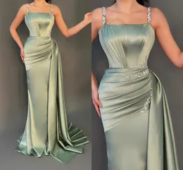 Sage Green Evening Dresses Sexy Beaded Spaghetti Straps Pleats Ruffles Crystals Mermaid Prom Gowns Women Formal Occasion Vestidos de fiesta BC15154