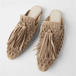 Sandals Retro Fringed Women Slippers Knitted Hollow Out Flats Summer Beach Slides Tassels Lazy Mules Female Gladiator Flat Sandals T230208