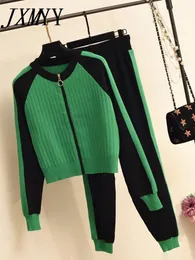 Women's Two Piece Pants Casual Two-Piece Sweater Cardigan Jacket Women Autumn Womens Knitted Suit Fashion Baseball Sports Zip Top And Pants Set 230209