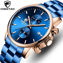 Armbandsur Blue Mens Watches med rostfritt stål Cheetah Top Men Sport Chronograph Quartz Watch Relogio Masculino
