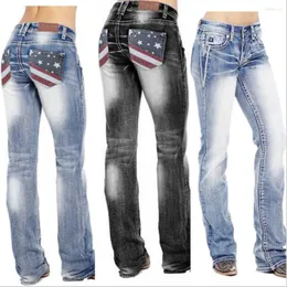 Kvinnors jeans kvinna femme hög midja kläder amerikansk flagga stretch tvättad bootcut mamma ropa mujer vintage byxor denim pantalon