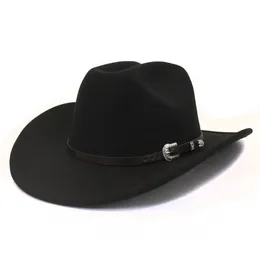 Vintage västerländska kvinnor män cowboy hatt roll brim etnisk stil jazz mössa med läderbälte party fedora hatt sombrero filt mössa