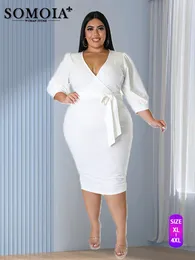 Plus size Dresses SOMOIA Plus Size Women Clothing Casual Simple Solid Half Sleeve V-neck Dress Mid-length Skirt Dresses Birthday Party Dresses 230209
