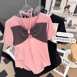 Frauen T-Shirt Sexy Nette Rosa Schleife Tees Kurzarm T-shirt Sommer Neue Lose Große Spice Girl Hohl Krawatte genäht Top Y2302