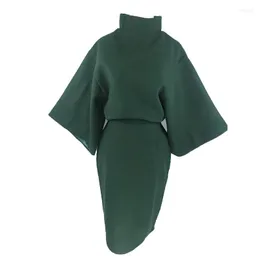 Abiti da lavoro FORSE U Donna Verde Solido Felpa Gonna al ginocchio Cerniera Matita 2 Due pezzi Set Elegante dolcevita invernale T0069