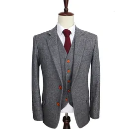 Mens ternos blazers l￣ retro cinza aren￣o tweed estilo brit￢nico estilo personalizado mano alfaiate slim fit blazer fatos de casamento para homens 3 pe￧as 230209