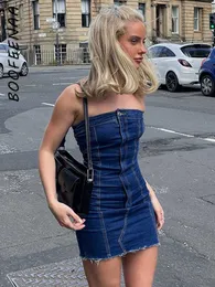 Casual Dresses BOOFEENAA Sexy Blue Denim Summer 2023 Women Y2k Clothes Street Style Jeans Tube Top Backless Bodycon Mini Dress C85-DI34 Y2302