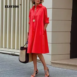 Casual Dresses Autumn Simple Shirt Dress Casual Solid Color Long Sleeves Fashion Turn-Down Collar Elegant Pocket Streetwear Female Dresses 230209