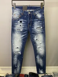 Erkekler Kot Moda Tasarımcı D2 DSQ ICON GG Erkek Sıska Ayaklar Kot Yırtırım Moda Boyası sıçramalı Retro Blue Street Giyim Dihazı Jean 8885