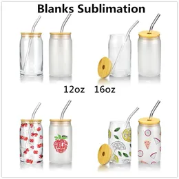 12oz 16oz Sublimation Glass Beer Mugs with Bamboo Lid Straw DIY Frosted Clear Drinking Utensil Coffee Wine Milk Beer Cola Juice Cold Drinkware Can USA Warehouse