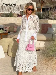 Abito a due pezzi Primavera Donna Estate Set di pizzo bianco Scava fuori la camicia ricamata Gonna 2 pezzi Abito abito monopetto in cotone Maxi 230209