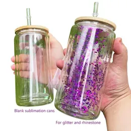 New 16oz Sublimation Snow Globe Beer Can Double Wall Clear Glass With Wooden Lids&Plastic Straws 500ml Blank Water Bottles DIY Heat Transfer Wine Tumblers
