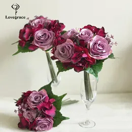 Свадебные цветы Lovegrace Букет розы гидрингея подружки невесты свадебные бордовые бордовые искусственные брак на дом украшение цветок
