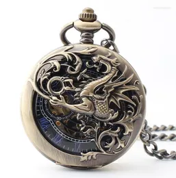 Pocket Watches 20pcs/lot Double Opened Flying Dragon Watch Necklace Hollowed Roman Dial Vintage Bronze Mechanical