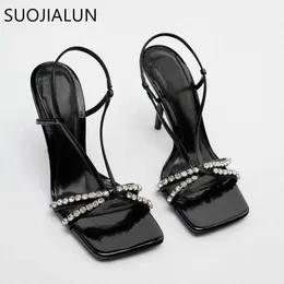 Sandal Marka Moda Kadınlar Yeni Suojialun Sandalet Bling Kristal Dar Bant Bayan Gladyatör Ayakkabı İnce Yüksek Topuk Açık Elbise Pompaları T