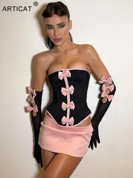 Два кусочка платья Articat сексуальные луки без бретелек Обрезка женщин набор черных перчаток топы розовые юбки Женская летняя модная вечеринка 230209
