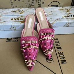 Обувь для туфли женская плоская мода с бисером модные блески скользящие ретро-вечеринка дамы с сандалиями Cloese Toe 2022 Summer Sandal 13fc
