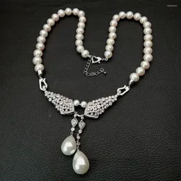 Chains Hand Knotted 51cm Natural Cultured 8-9mm White Freshwater Pearl Necklace Sea Shell Cz Pendant Fashion Jewelry