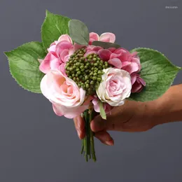 Dekoratif çiçek simülasyonu mor ortanca gül demet sahte çiçek düğün gelin buket ipek ev dekorasyon gülleri