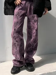 Женские джинсы S 5xl Большой фиолетовый галстук окрашенная джинсом весна и осенью на высокой улице сладкие прохладные свободные вертикальные брюки зима 230209
