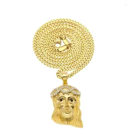 Colares pendentes Hip Hop Gold Color Jesus Puspa Cabeça Face Pingententes de strass com corrente de aço inoxidável para homens jóias cristãs