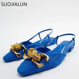 2022 Women Spring Brand Sandal Suojialun New Sandals Fashion Buckle Synalow Ladies Elegant Blue Blue Buns Flat Ender Slies Shoe T230208 85
