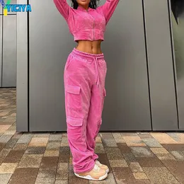 Zweiteilige Damenhose YICIYA Damenbekleidung 2-teiliges Set Y2K Rosa Veloursanzüge Vintage Reißverschluss Langarm Crop Sweats Hohe Taille Cargo 230209