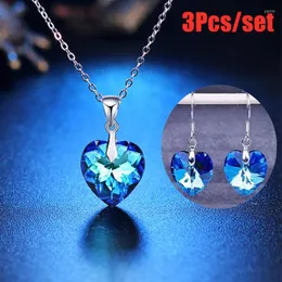 Серьги по ожерелью установлены 3pcs/set Beautiful Bridal Jewelry Pendation Romantic Amethyst Blue Crystal Heart