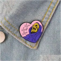 Pins Brooches Live Laugh Love Enamel Pin Heart Shape Skeleton Badge Brooch Lapel For Denim Jeans Shirt Bag Gothic Jewelry Gift Frie Dhgfh