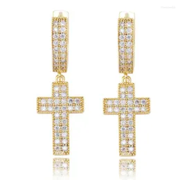 أقراط متدلية Karopel Fashion Gold Silver Color 2 Row Zircon Cross for Men Women Copper Material Hip Hop Jewelry