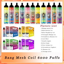Original Bang Mesh Coil 6000 Puffs Bars Disposable E cigarettes Vape Pen 14ml Pre-filled Pods Cartridge 1100mAh Rechargeable Battery 20Flavors