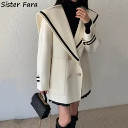 Kombinezony damskie Blazers Siostra Fara Autumn Sailor Collar Blazer Long Sleeve Kobiet Kobiety podwójnie piersi Zima Zagężenie ciepła płaszcz luźne 230209