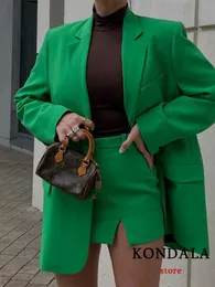 Womens Suits Blazers KONDALA Chic Green Oversized Long V Neck Pockets Office Lady Fashion Jackets Female Elegant 230209