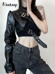 Women's Jackets Weekeep Gothic Black PU Leather Jacket Women One Shoulder Halter Buckle Hip Hop Outfits Fashion Streetwear Cropped Jackets Solid 230209