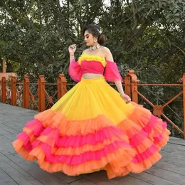 Skirts Yellow Fuchsia And Long Skirt 2023 Design Mix Colorful Tiered Tulle Women Saia Fllor Length Formal Party Wear