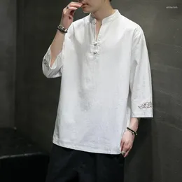 Men's Tirts MRGB 2023 Summer Cotton Linen Men Chinese Chinese Loose Tops Tops Lucky Cloud Button Three Quarter Sleeve Tee Shirt