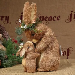 Decorative Objects Figurines Easter Creative Mother and Child Rabbit Decoration with Flower Cute Straw Bunny Home Ornaments 230209