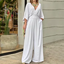 Kvinnors jumpsuits Rompers Wefads Women Jumpsuit Summer Short Bat Sleeve V Neck Backless nippad midja Löst breda ben Casual Pants Romper High Streetwear 230209