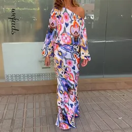 Vestido de duas peças wefads mulheres define moda casual lanterna longa manga um ombro de arte de arte de arte estampada