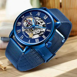 Armbandsur ForSining 3D Logo Design Hollow Gravering All Blue Case Mesh Steel Skeleton Mechanical Watches Men Heren Horloge