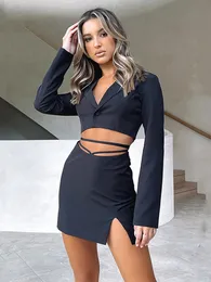 Two Piece Dress Sibybo Fall Cropped Blazer Skirt Set 2 s Womens Outfit Femme Button Notched Lace Up Matching 230209