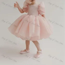 الفتاة اللطيفة الوردي الأميرة البسيطة o-neck a-line قصيرة الأكمام الأورجانزا الزهرة فستان جميل طفل عيد ميلاد كرات