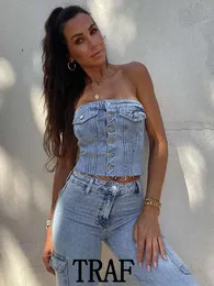 Kadın Tankları Camis Trafı Kadın Denim Korse Sargı Göğüs Üstleri Moda Sırtsız Kolsuz Seksi Düğme Dekorasyonu Yaz Nedensel Askı Üstleri 230209