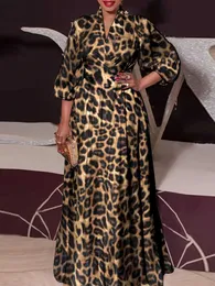 Casual Dresses Vonda Bohemian Party Maxi Dress Women Retro Leopard tryckt överdimensionerad sundress Lantern Sleeve Chic Casual Long Robe Femme 230209
