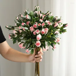 Flores decorativas 5pc simulação retrô torrado borda rosa 7 cabeça flor falsa floral casamento bouquets de decoração artificial jardim de decoração
