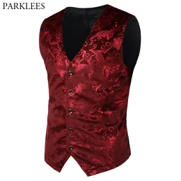 Kamizelki męskie Red Paisley Bronzing Vester Single Breast Vneck Wedding Suit Men Gothic Arystocrat Steampunk Victorian Gilet Homme 230209