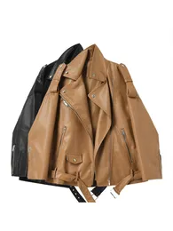 Women's Leather Faux Leather FTLZZ Spring Autumn Faux Leather Jackets Women Loose Casual Coat Female Drop-shoulder Motorcycles Locomotive Outwear With Belt 230209