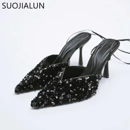 女性は新しいポンプ2022つま先のサンダルSuojialun Fashion Bling Shallow Ankle Lace Up Ladies Sandal Thin High Heel Dress Shoes T230208 53