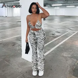 Women's Two Piece Pants ATHVOTAR Jogger Set Tracksuit Sweat Suits High Waist Stripe Zebra Printed Tops and Sexy 230209